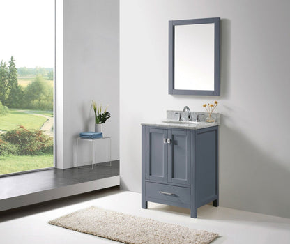 Virtu USA Caroline Avenue 24 Single Bathroom Vanity Set in Grey w/ Italian Carrara White Marble Counter-Top | Round Basin