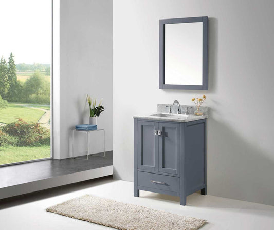Virtu USA Caroline Avenue 24 Single Bathroom Vanity Set in Grey w/ Italian Carrara White Marble Counter-Top | Square Basin
