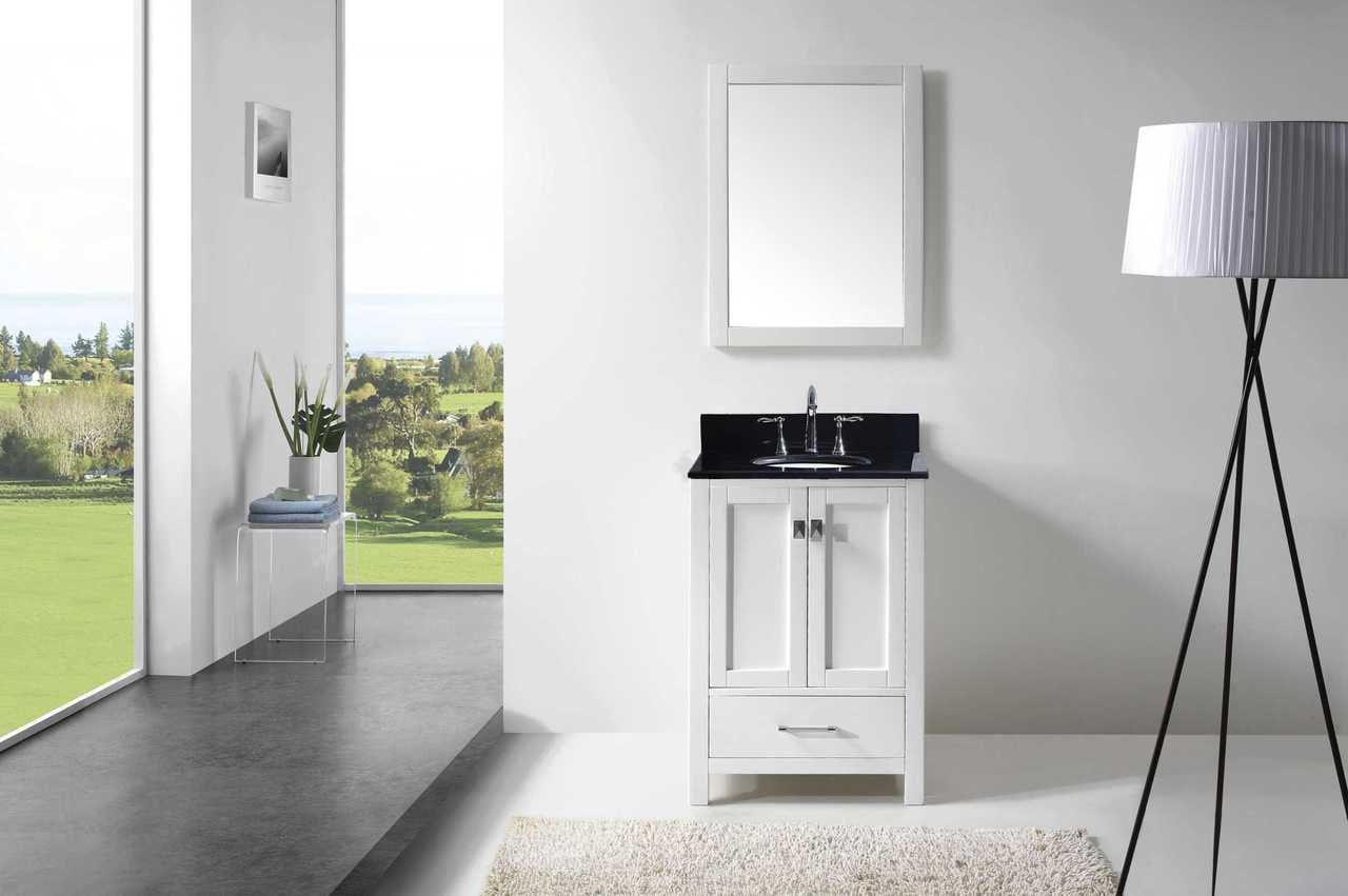 Virtu USA Caroline Avenue 24 Single Bathroom Vanity Set in White w/ Black Galaxy Granite Counter-Top | Round Basin