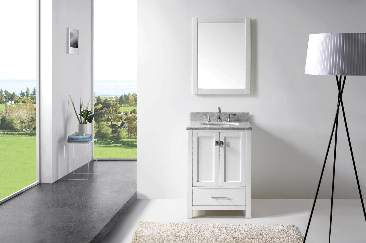 Virtu USA Caroline Avenue 24" Single Bathroom Vanity Cabinet Set in White w/ Italian Carrara White Marble Counter-Top, Round Basin