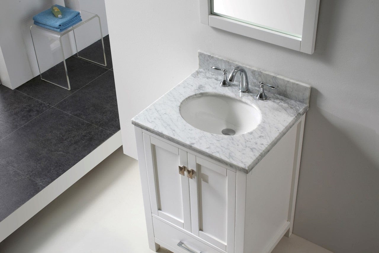 Virtu USA Caroline Avenue 24 Single Bathroom Vanity Set in White w/ Italian Carrara White Marble Counter-Top |Ê Round Basin
