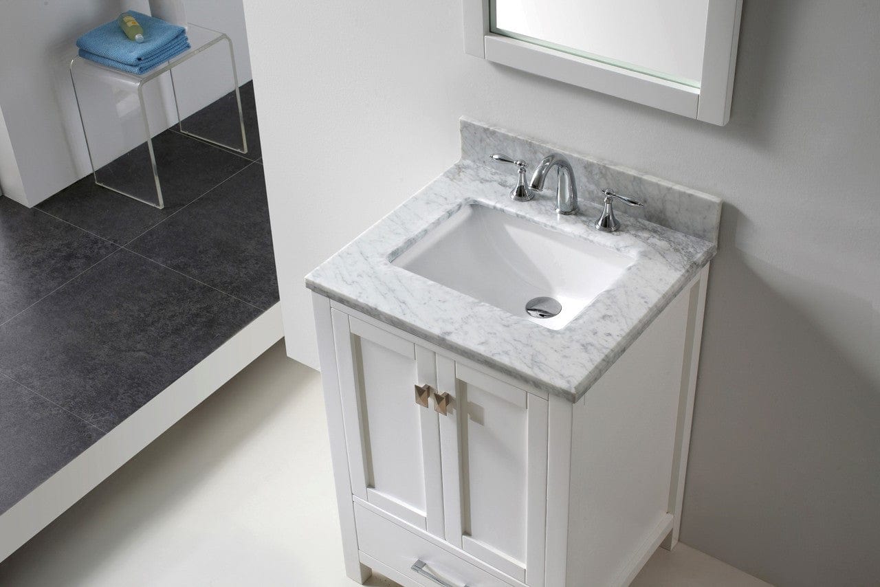 Virtu USA Caroline Avenue 24 Single Bathroom Vanity Set in White w/ Italian Carrara White Marble Counter-Top | Square Basin