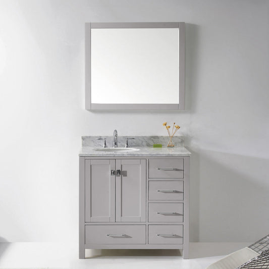 Virtu USA Caroline Avenue 36 Single Bathroom Vanity in Cashmere Grey w/ White Marble Top & Round Sink w/ Mirror