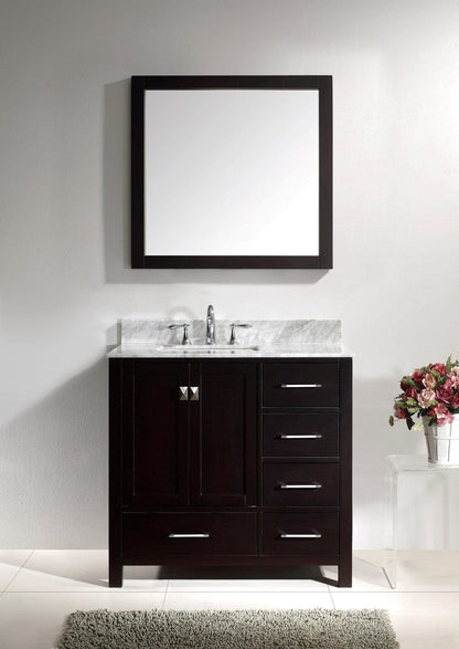 Virtu USA Caroline Avenue 36 Single Bathroom Vanity Set in Espresso w/ Italian Carrara White Marble Counter-Top| Square Basin