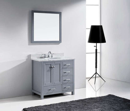 Virtu USA Caroline Avenue 36 Single Bathroom Vanity Set in Grey w/ Italian Carrara White Marble Counter-Top | Round Basin