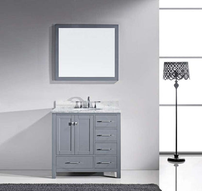 Virtu USA Caroline Avenue 36 Single Bathroom Vanity Set in Grey w/ Italian Carrara White Marble Counter-Top | Round Basin