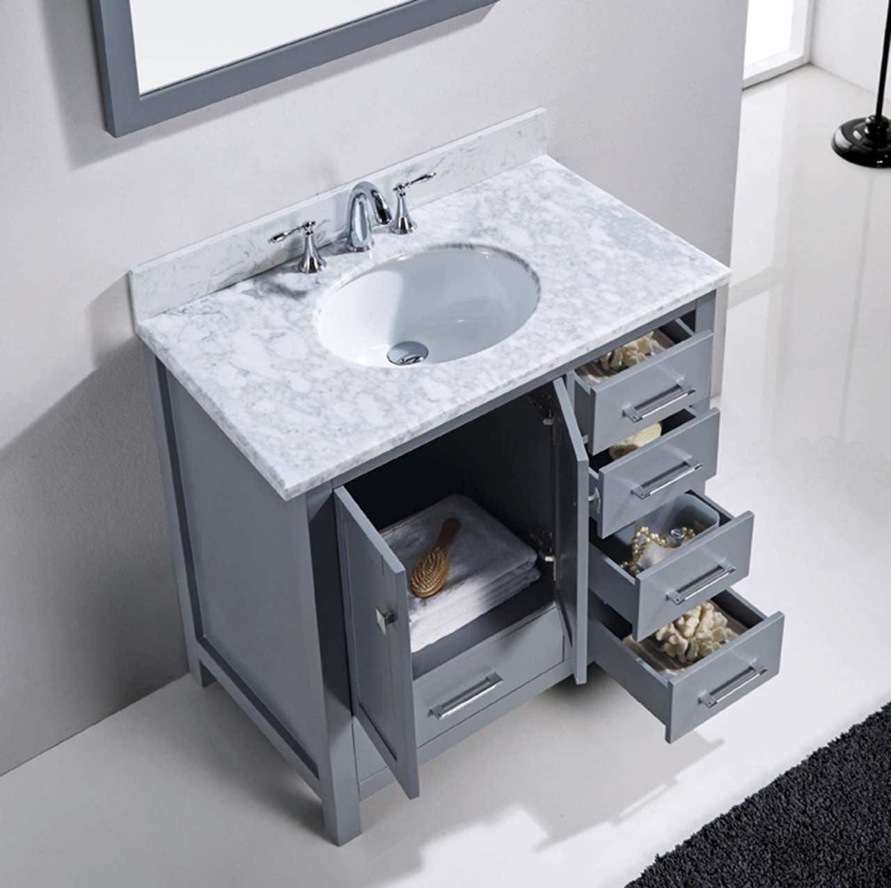 Virtu USA Caroline Avenue 36 Single Bathroom Vanity Set in Grey w/ Italian Carrara White Marble Counter-Top | Round Basin