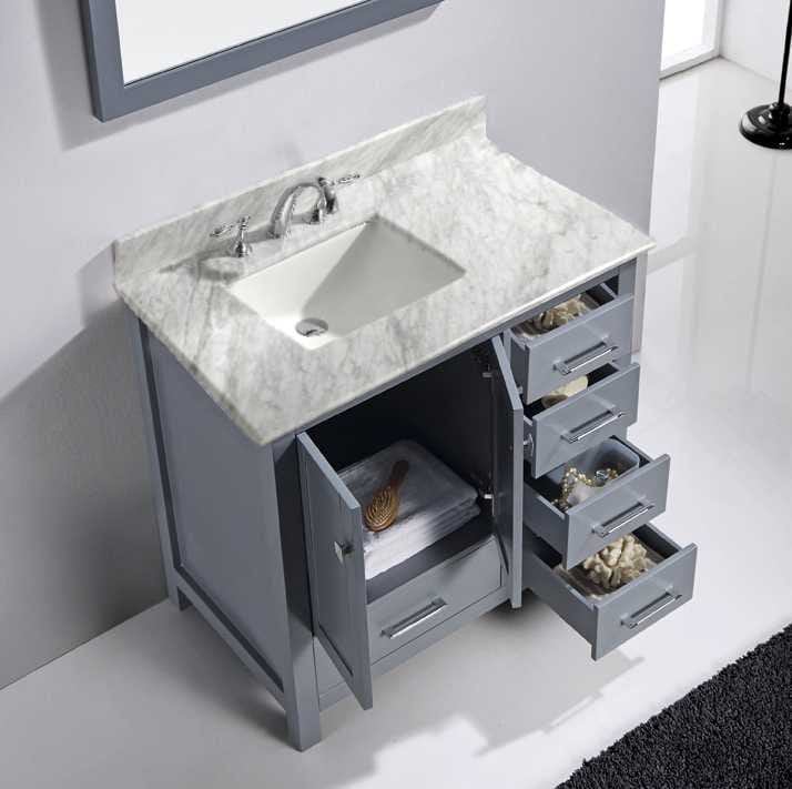 Virtu USA Caroline Avenue 36 Single Bathroom Vanity Set in Grey w/ Italian Carrara White Marble Counter-Top | Square Basin