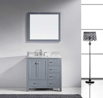 Virtu USA Caroline Avenue 36 Single Bathroom Vanity Set in Grey w/ Italian Carrara White Marble Counter-Top | Square Basin