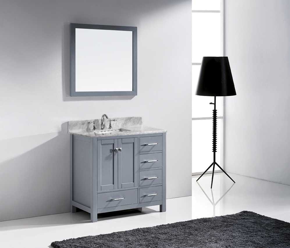 Virtu USA Caroline Avenue 36 Single Bathroom Vanity Set in Grey w/ Italian Carrara White Marble Counter-Top | Square Basin