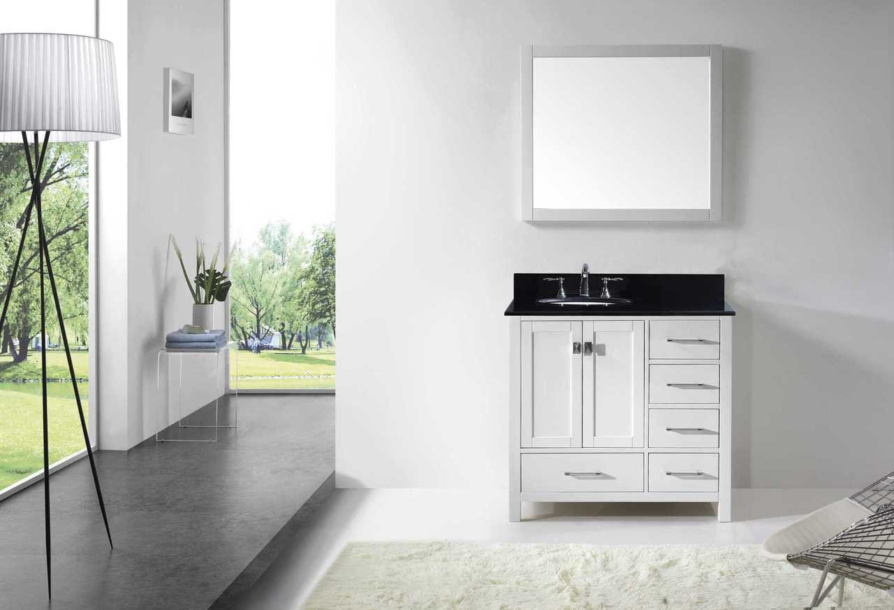 Virtu USA Caroline Avenue 36 Single Bathroom Vanity Set in White w/ Black Galaxy Granite Counter-Top | Round Basin