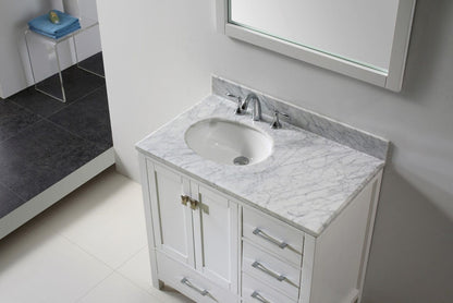 Virtu USA Caroline Avenue 36 Single Bathroom Vanity Set in White w/ Italian Carrara White Marble Counter-Top |Ê Round Basin