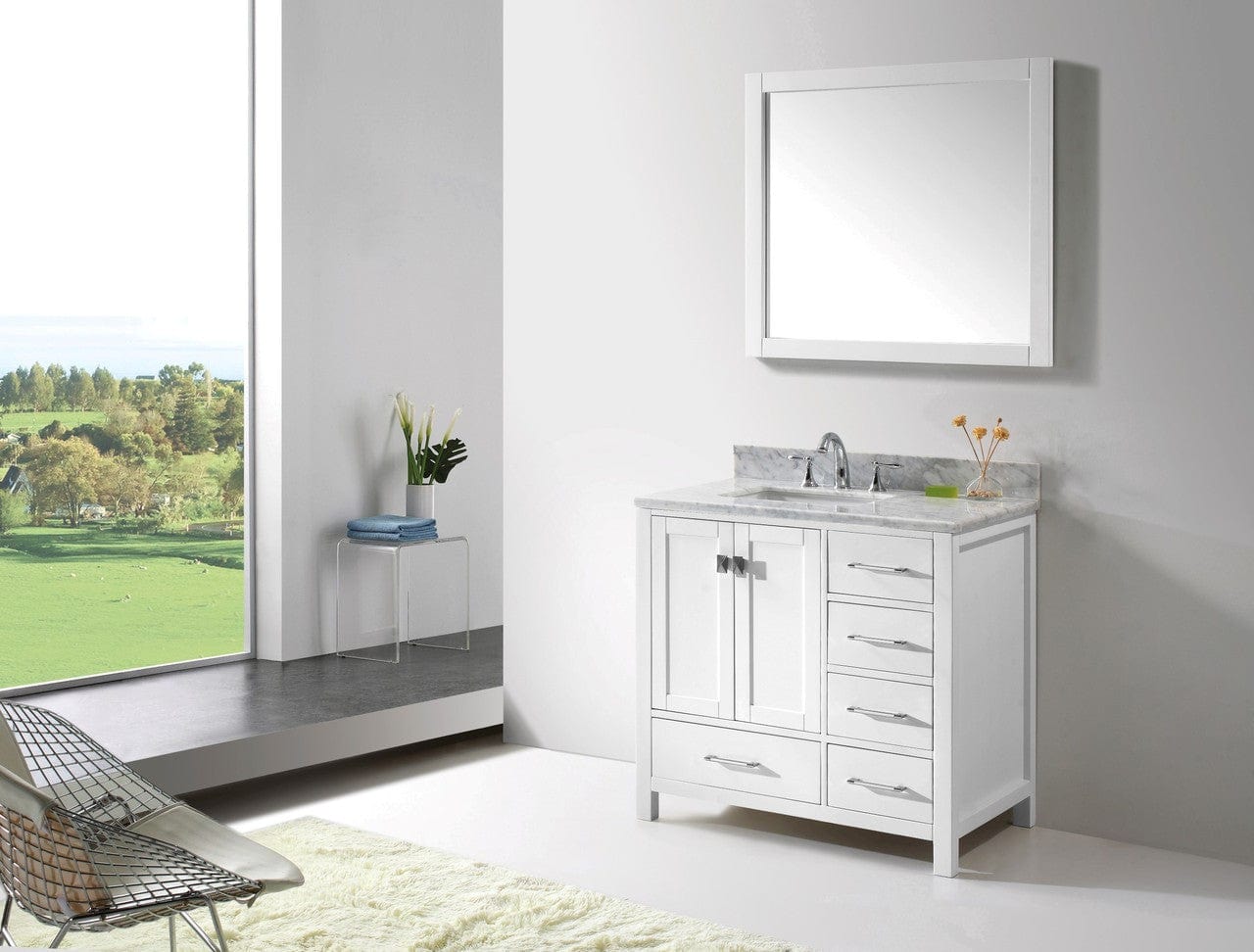 Virtu USA Caroline Avenue 36 Single Bathroom Vanity Set in White w/ Italian Carrara White Marble Counter-Top| Square Basin