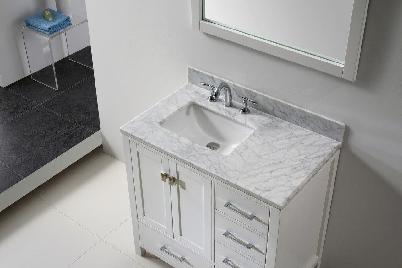 Virtu USA Caroline Avenue 36 Single Bathroom Vanity Set in White w/ Italian Carrara White Marble Counter-Top| Square Basin