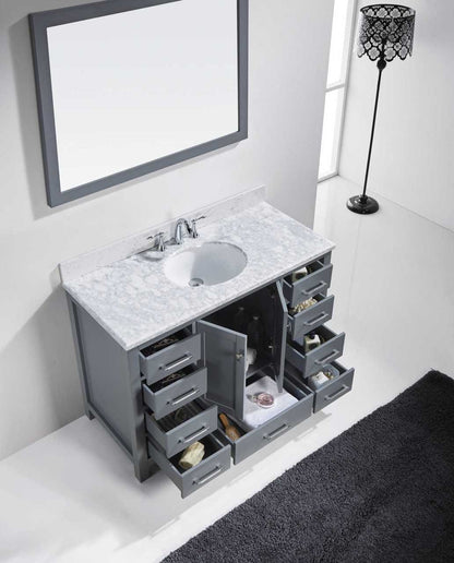 Virtu USA Caroline Avenue 48 Single Bathroom Vanity Set in Grey w/ Italian Carrara White Marble Counter-Top | Square Basin