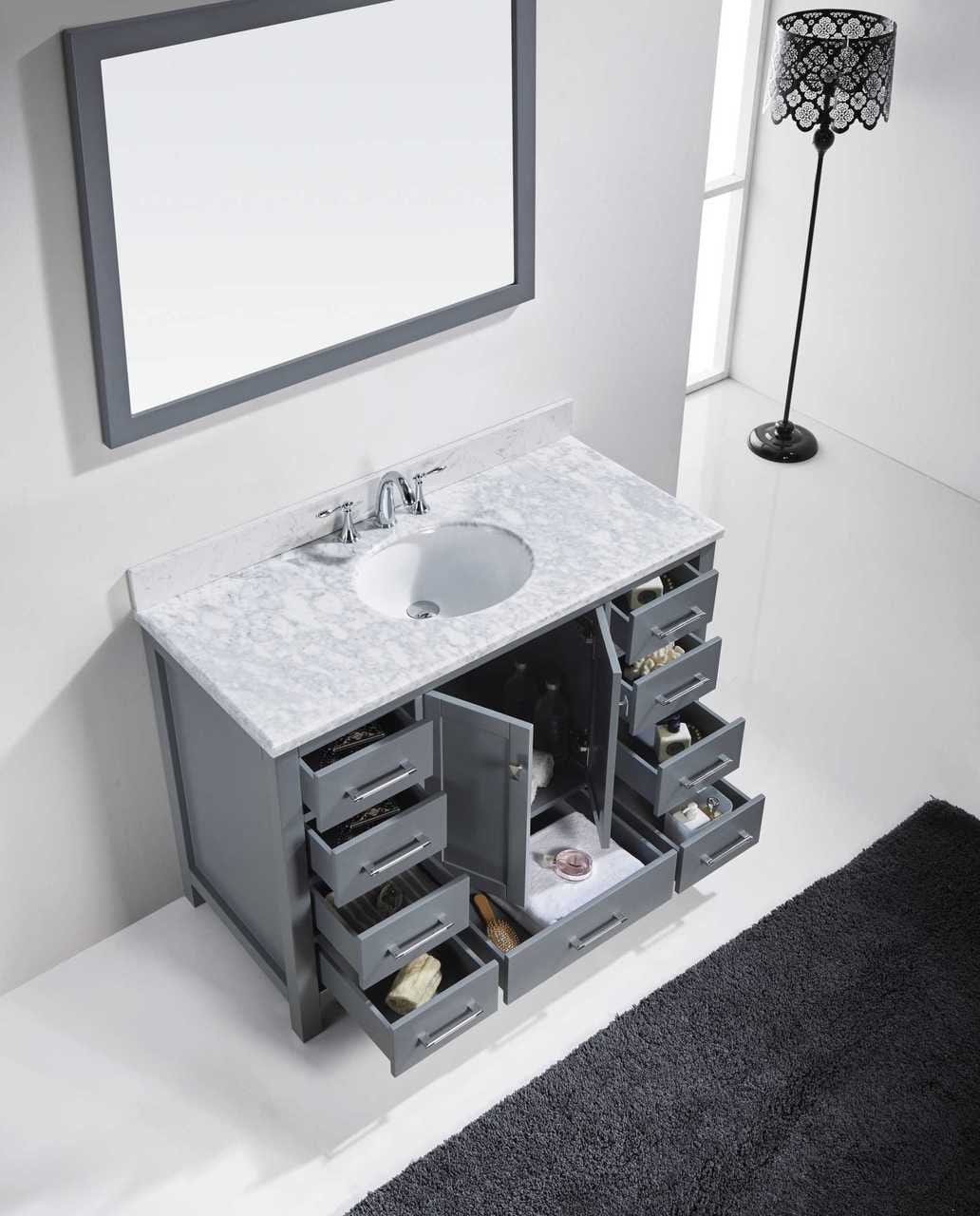 Virtu USA Caroline Avenue 48 Single Bathroom Vanity Set in Grey w/ Italian Carrara White Marble Counter-Top | Square Basin