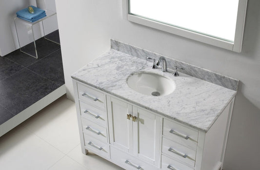 Virtu USA Caroline Avenue 48 Single Bathroom Vanity Set in White w/ Italian Carrara White Marble Counter-Top |Ê Round Basin
