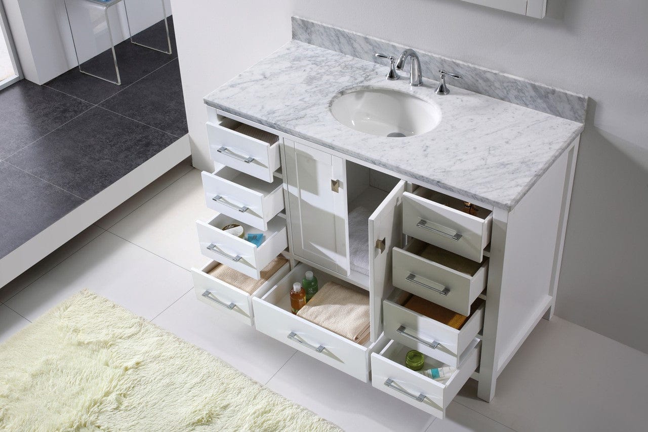 Virtu USA Caroline Avenue 48 Single Bathroom Vanity Set in White w/ Italian Carrara White Marble Counter-Top | Round Basin No Mirror