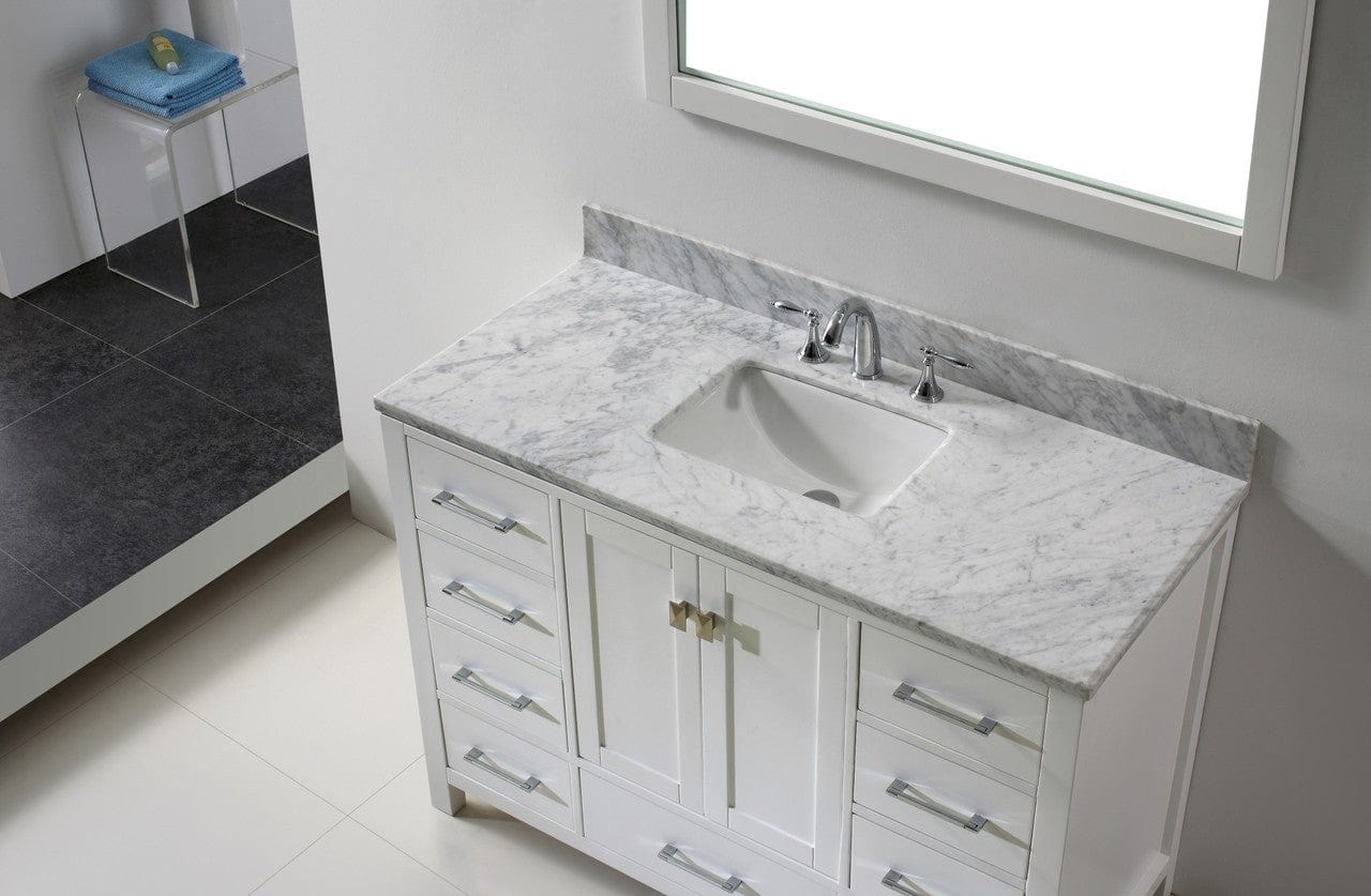 Virtu USA Caroline Avenue 48 Single Bathroom Vanity Set in White w/ Italian Carrara White Marble Counter-Top| Square Basin