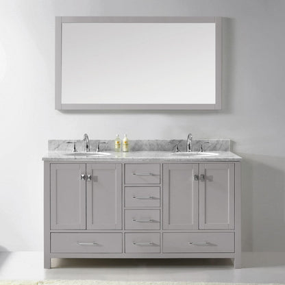 Virtu USA Caroline Avenue 60 Double Bathroom Vanity in Cashmere Grey w/ Marble Top & Round Sink w/ Mirror