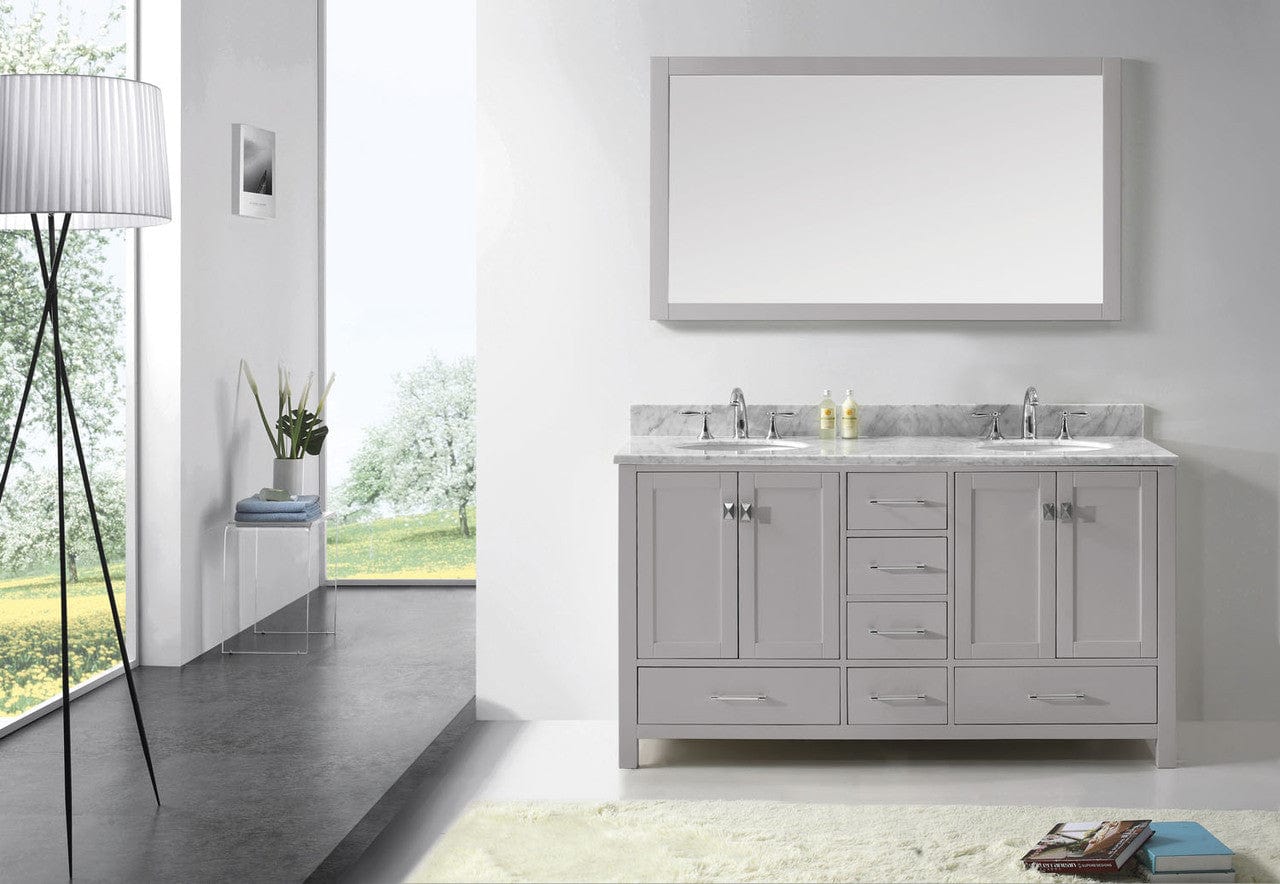 Virtu USA Caroline Avenue 60 Double Bathroom Vanity in Cashmere Grey w/ Marble Top & Round Sink w/ Mirror