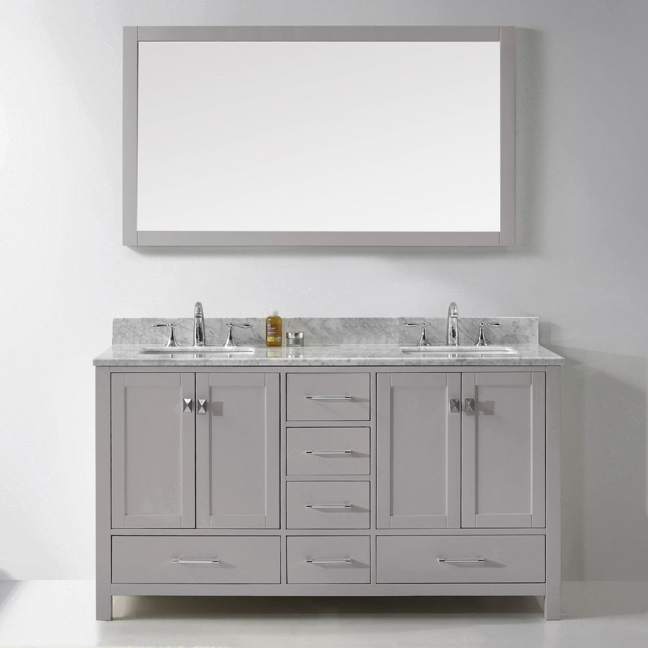 Virtu USA Caroline Avenue 60 Double Bathroom Vanity in Cashmere Grey w/ Marble Top & Square Sink w/ Mirror