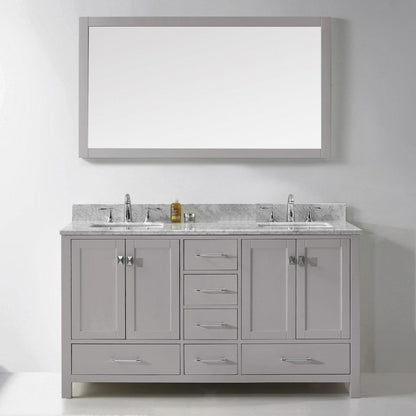 Virtu USA Caroline Avenue 60 Double Bathroom Vanity in Cashmere Grey w/ Marble Top & Square Sink w/ Mirror