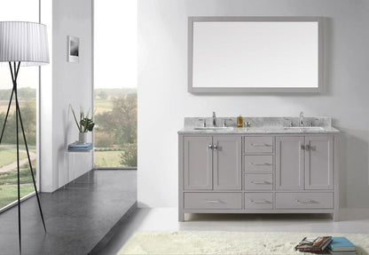 Virtu USA Caroline Avenue 60 Double Bathroom Vanity in Cashmere Grey w/ Marble Top & Square Sink w/ Mirror