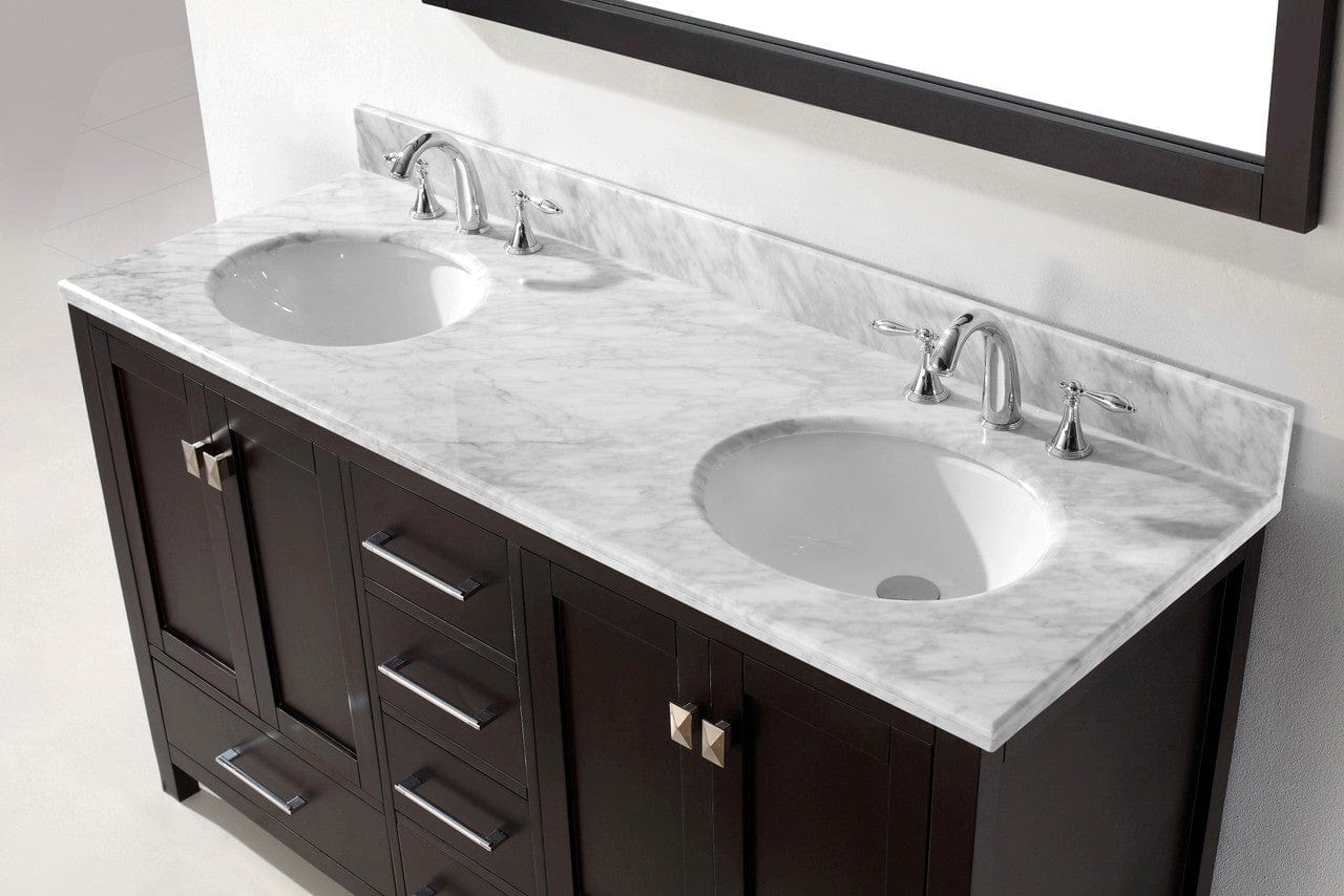 Virtu USA Caroline Avenue 60 Double Bathroom Vanity Set in Espresso w/ Italian Carrara White Marble Counter-Top | Round Basin