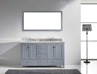 Virtu USA Caroline Avenue 60 Double Bathroom Vanity Set in Grey w/ Italian Carrara White Marble Counter-Top | Round Basin