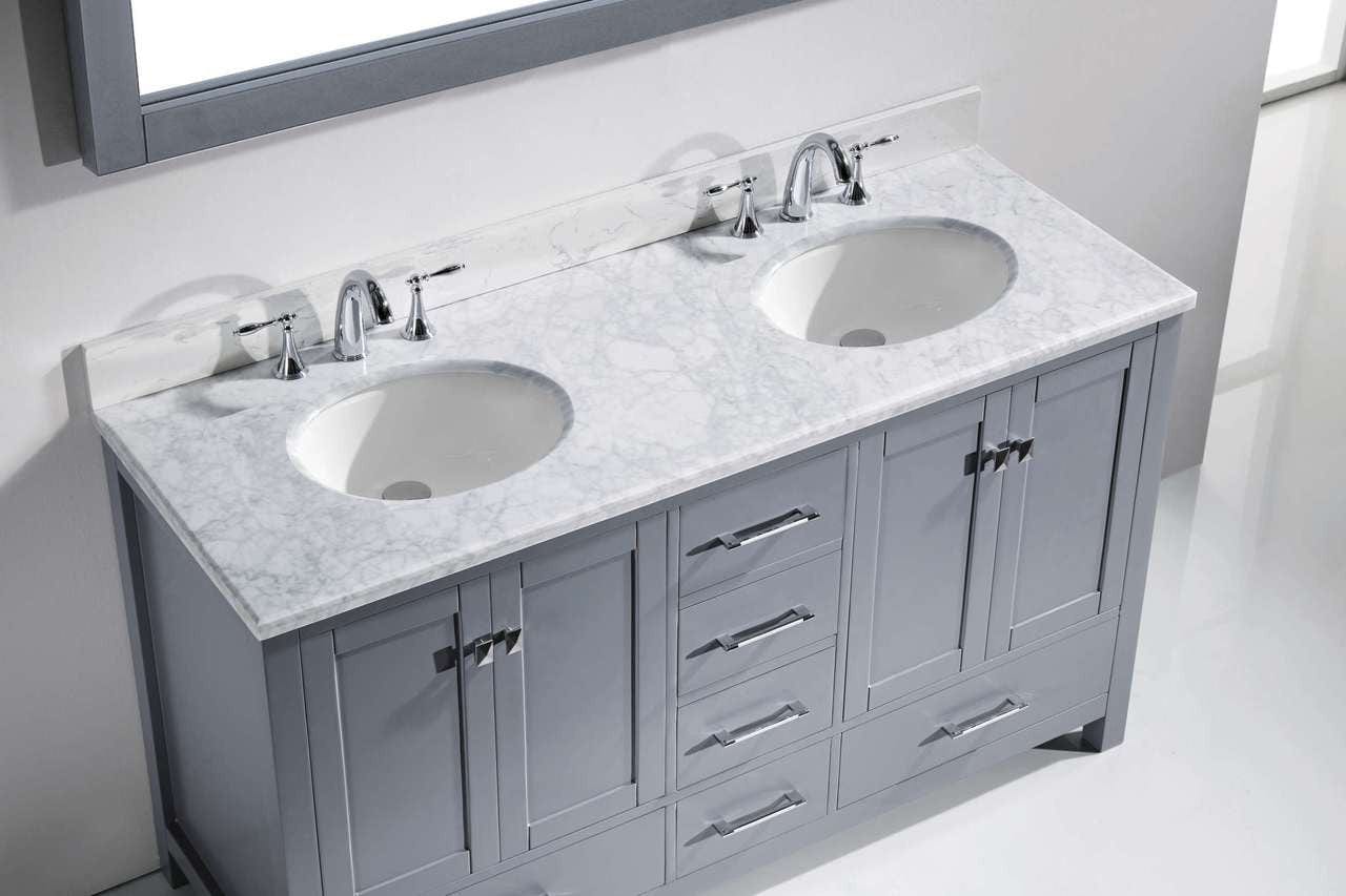 Virtu USA Caroline Avenue 60 Double Bathroom Vanity Set in Grey w/ Italian Carrara White Marble Counter-Top | Round Basin