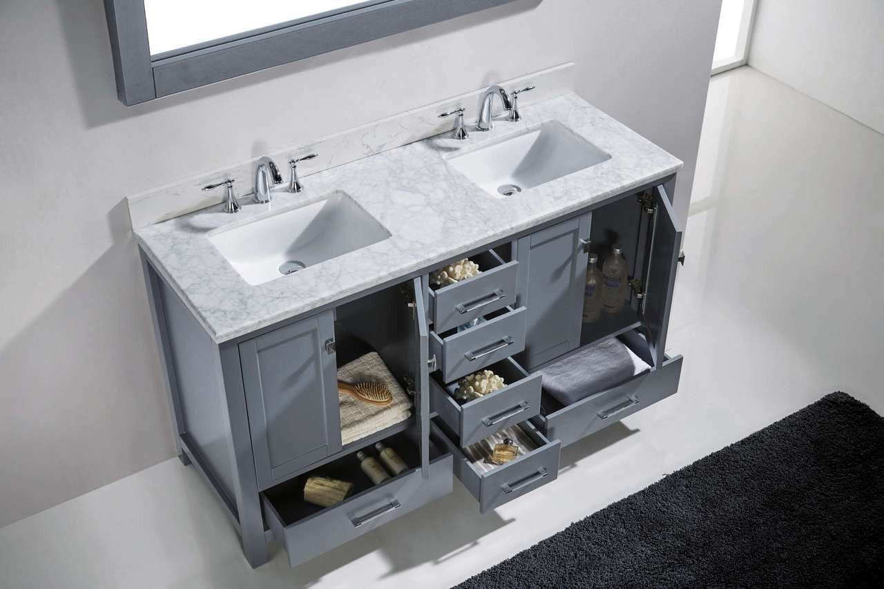 Virtu USA Caroline Avenue 60 Double Bathroom Vanity Set in Grey w/ Italian Carrara White Marble Counter-Top | Square Basin