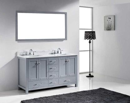 Virtu USA Caroline Avenue 60 Double Bathroom Vanity Set in Grey w/ Italian Carrara White Marble Counter-Top | Square Basin