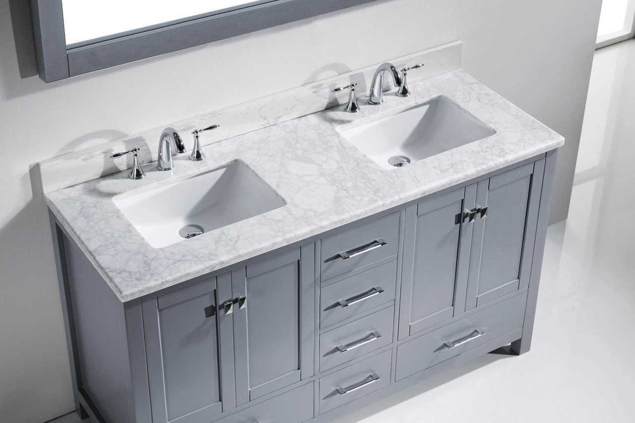 Virtu USA Caroline Avenue 60 Double Bathroom Vanity Set in Grey w/ Italian Carrara White Marble Counter-Top | Square Basin