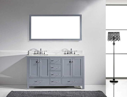 Virtu USA Caroline Avenue 60 Double Bathroom Vanity Set in Grey w/ Italian Carrara White Marble Counter-Top | Square Basin