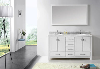 Virtu USA Caroline Avenue 60 Double Bathroom Vanity Set in White w/ Italian Carrara White Marble Counter-Top | Round Basin