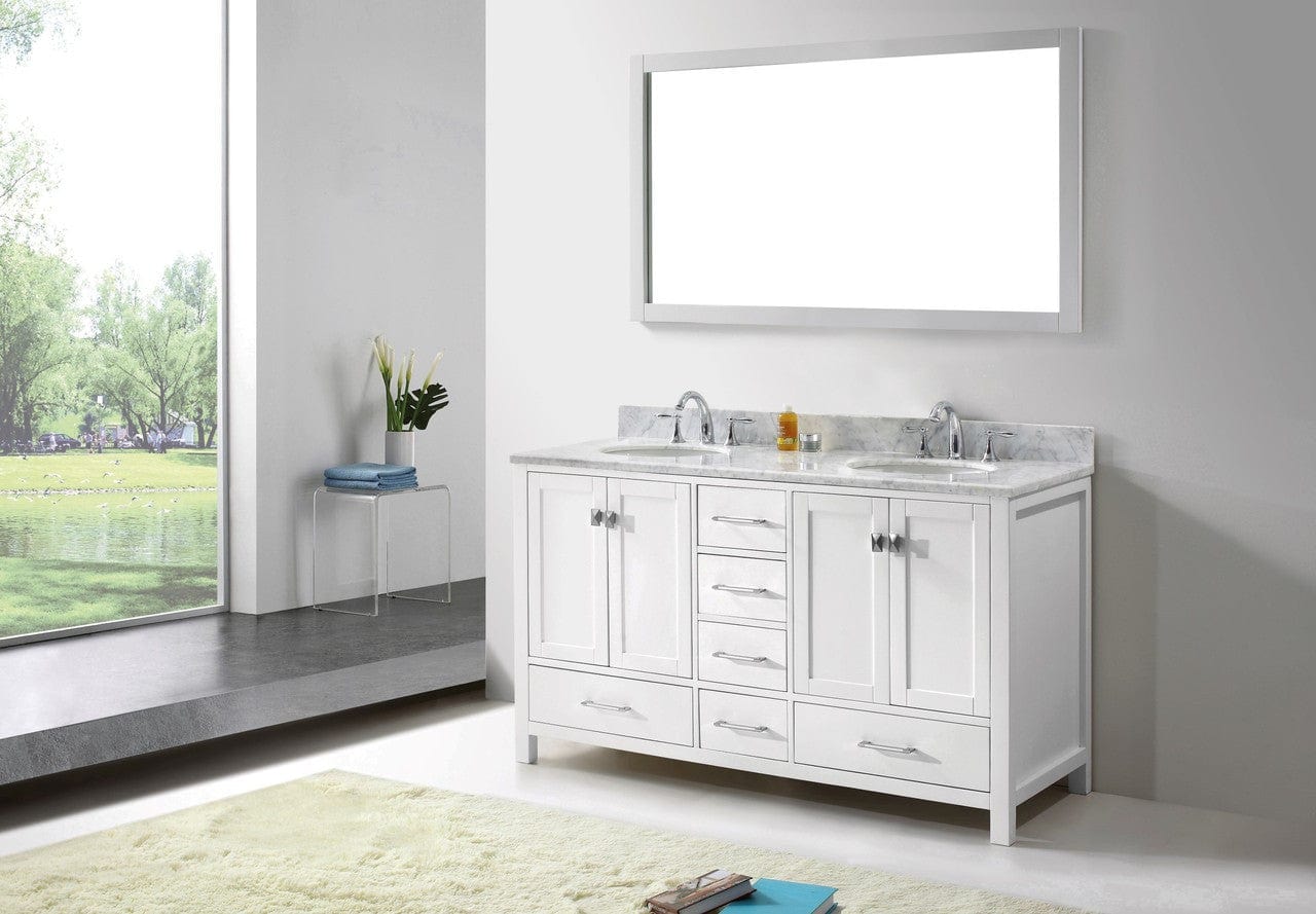 Virtu USA Caroline Avenue 60 Double Bathroom Vanity Set in White w/ Italian Carrara White Marble Counter-Top | Round Basin