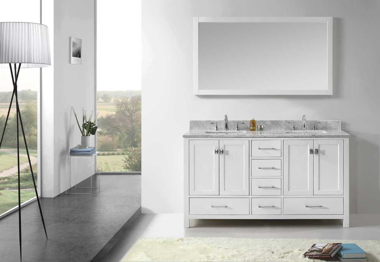 Virtu USA Caroline Avenue 60 Double Bathroom Vanity Set in White w/ Italian Carrara White Marble Counter-Top | Square Basin