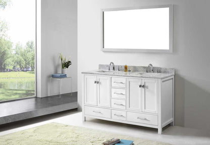 Virtu USA Caroline Avenue 60 Double Bathroom Vanity Set in White w/ Italian Carrara White Marble Counter-Top | Square Basin