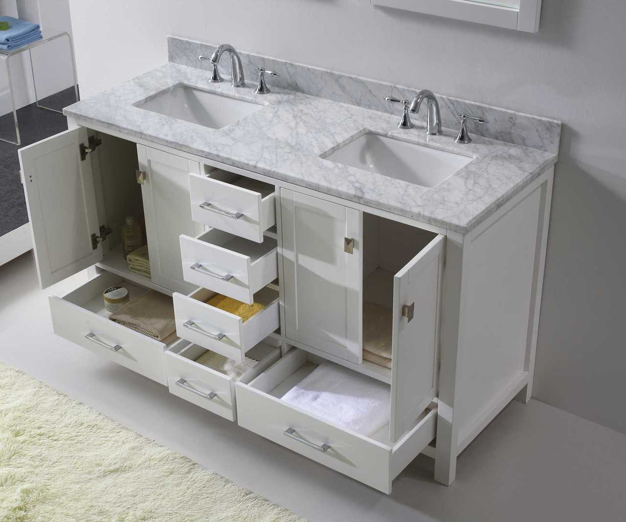 Virtu USA Caroline Avenue 60 Double Bathroom Vanity Set in White w/ Italian Carrara White Marble Counter-Top | Square Basin