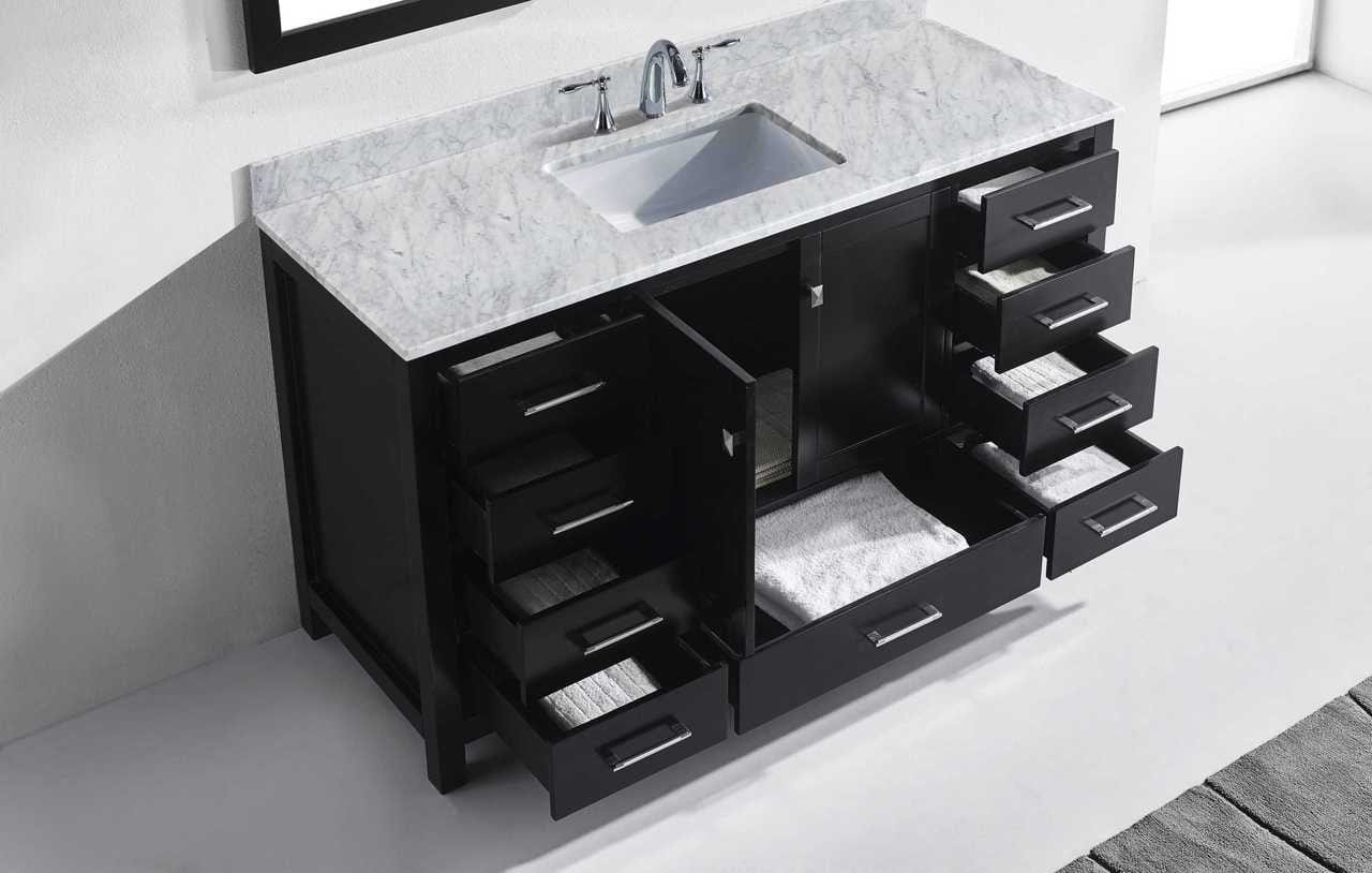 Virtu USA Caroline Avenue 60 Single Bathroom Vanity Set in Espresso w/ Italian Carrara White Marble Counter-Top | Square Basin