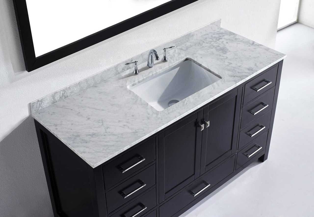 Virtu USA Caroline Avenue 60 Single Bathroom Vanity Set in Espresso w/ Italian Carrara White Marble Counter-Top | Square Basin