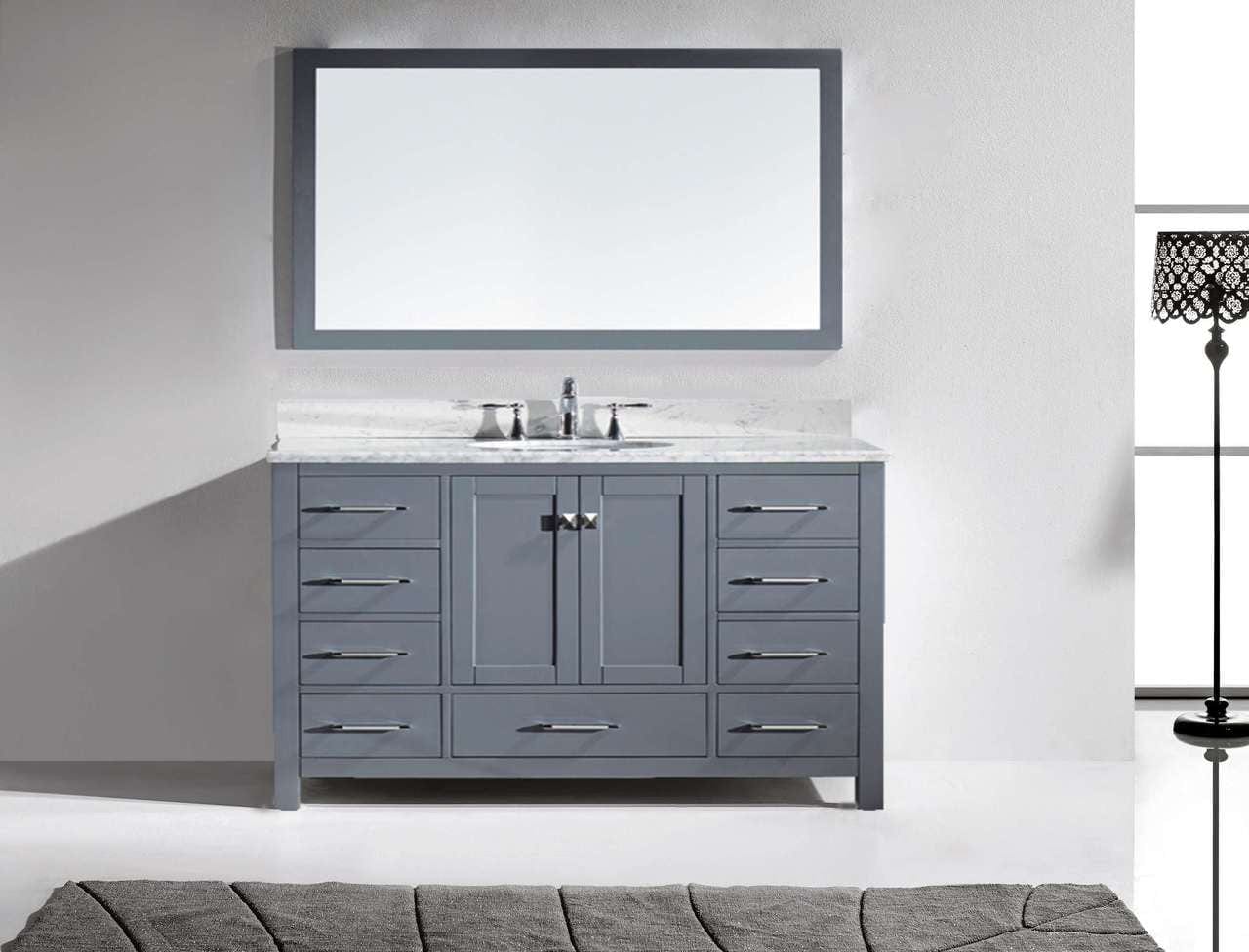 Virtu USA Caroline Avenue 60 Single Bathroom Vanity Set in Grey w/ Italian Carrara White Marble Counter-Top | Round Basin