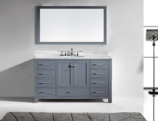 Virtu USA Caroline Avenue 60 Single Bathroom Vanity Set in Grey w/ Italian Carrara White Marble Counter-Top | Square Basin