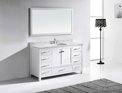 Virtu USA Caroline Avenue 60 Single Bathroom Vanity Set in White w/ Italian Carrara White Marble Counter-Top | Round Basin