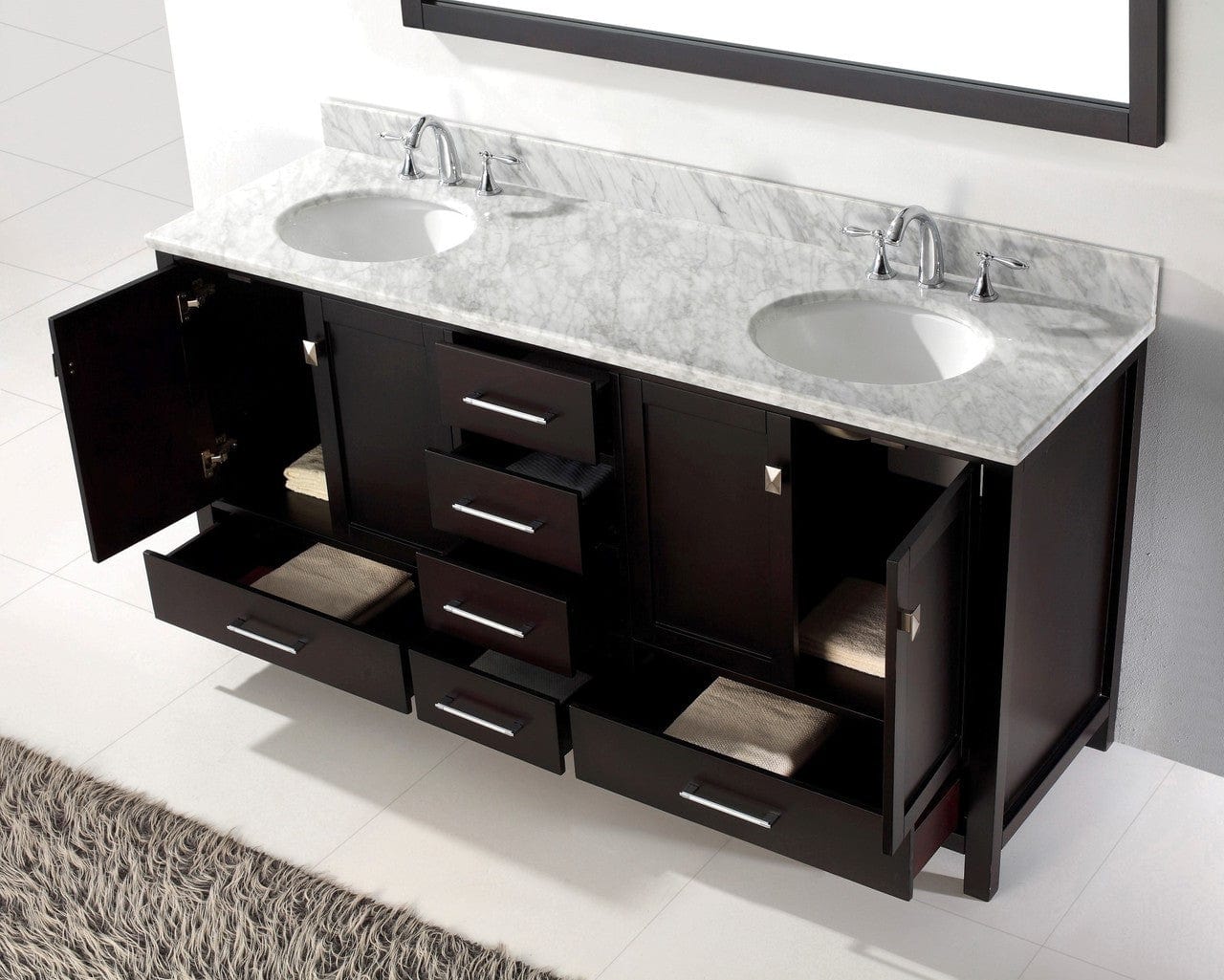 Virtu USA Caroline Avenue 72 Double Bathroom Vanity Set in Espresso w/ Italian Carrara White Marble Counter-Top |Ê Round Basin