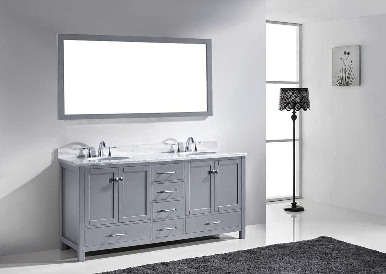 Virtu USA Caroline Avenue 72 Double Bathroom Vanity Set in Grey w/ Italian Carrara White Marble Counter-Top | Round Basin