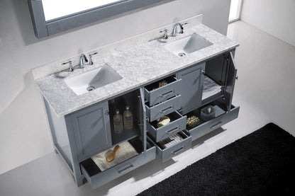 Virtu USA Caroline Avenue 72 Double Bathroom Vanity Set in Grey w/ Italian Carrara White Marble Counter-Top | Square Basin