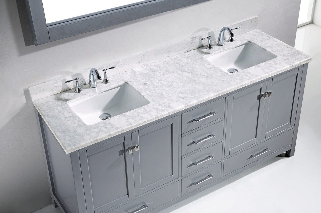 Virtu USA Caroline Avenue 72 Double Bathroom Vanity Set in Grey w/ Italian Carrara White Marble Counter-Top | Square Basin