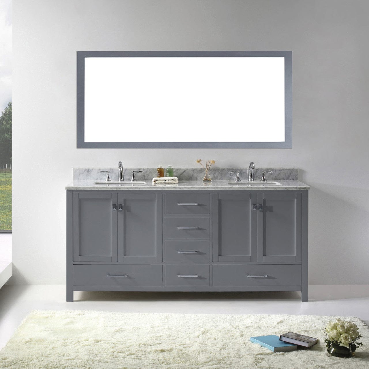 Virtu USA Caroline Avenue 72 Double Bathroom Vanity Set in Grey w/ Italian Carrara White Marble Counter-Top | Square Basin